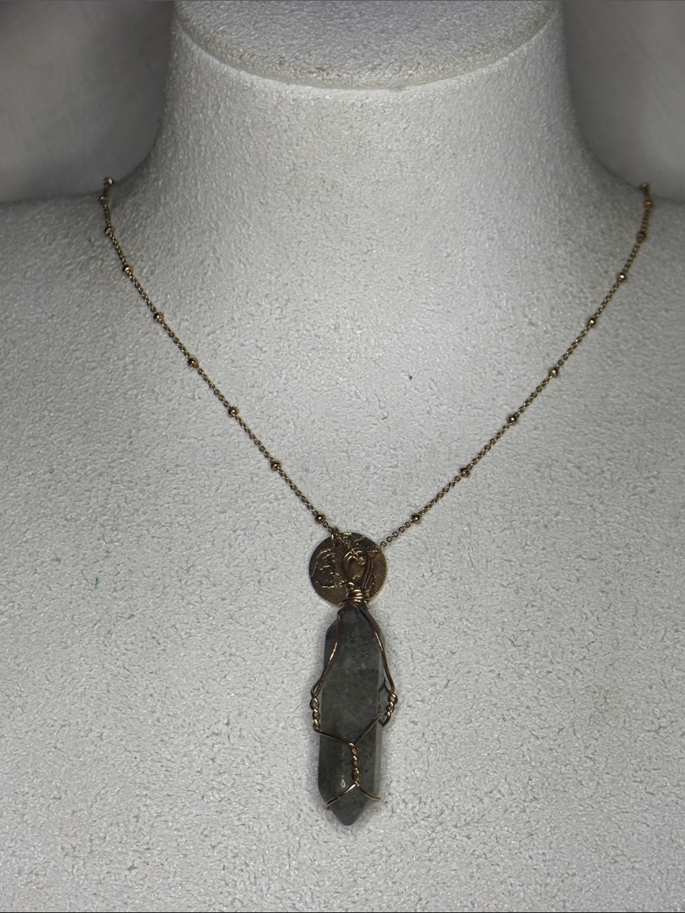 Gold-Tone Wire-Wrapped Labrodite Crystal Pendant Necklace